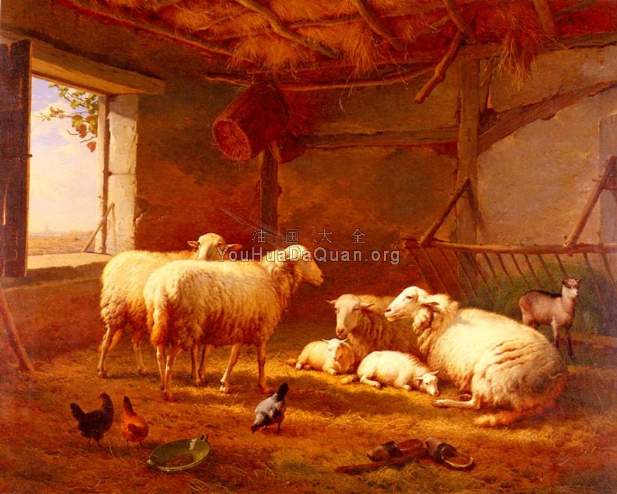 Sheep With Chickens And A Goat In A Barn - 尤金·约瑟夫·维保盖文